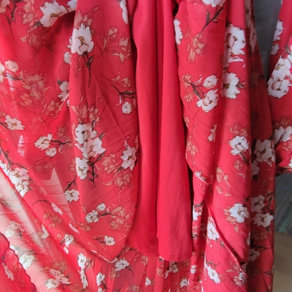 Indigo Rose Long Red/White Floral Dress Large Long Sleeves Flowy Lined V Neck - Picture 6 of 14